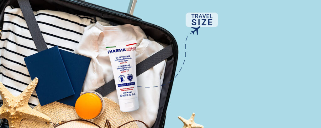 Trolley con effetti personali estivi e un tubo da 80ml Pharmamani